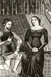 Sir Lancillotto si inginocchia davanti alla Regina Ginevra, inciso da una miniatura del XII secolo